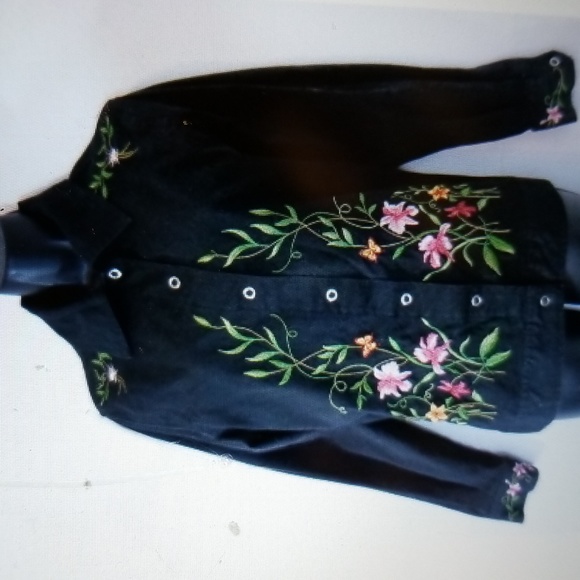 FANCY EMBROIDERED DESIGNER VICTOR COSTA BLACK DENIM JACKET M EUC - Picture 2 of 9